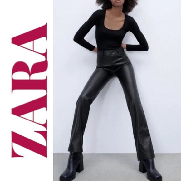 ZARA Faux Leather Slim Bootcut Flare Ankle Zip Full Length Pants Black, Size XS - Picture 5 of 16
